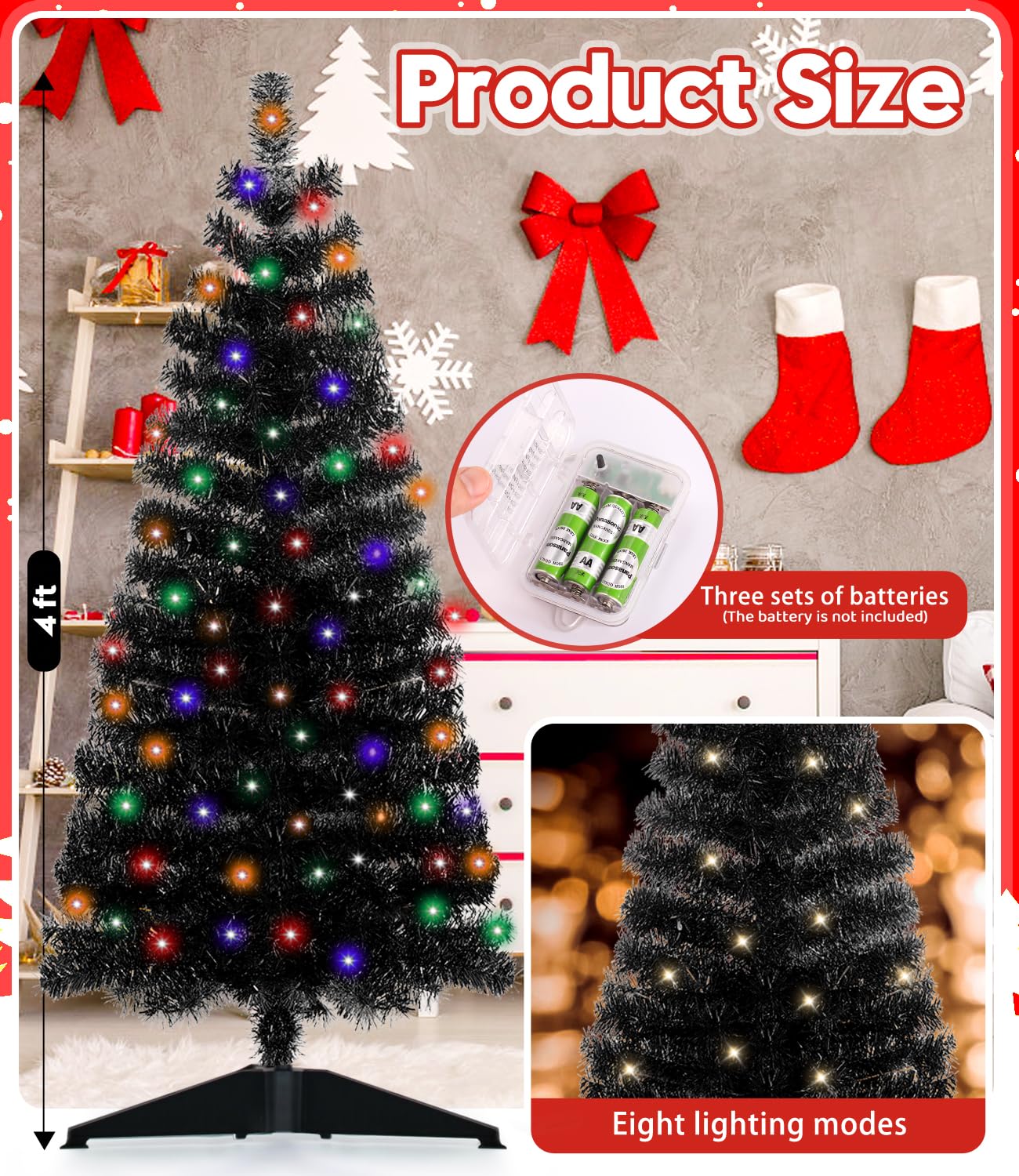 DEWUR Pre-Lit Artificial Christmas Tree, Warm White Lights, Colorful Lights, Includes Stand, 4 feet (Black)