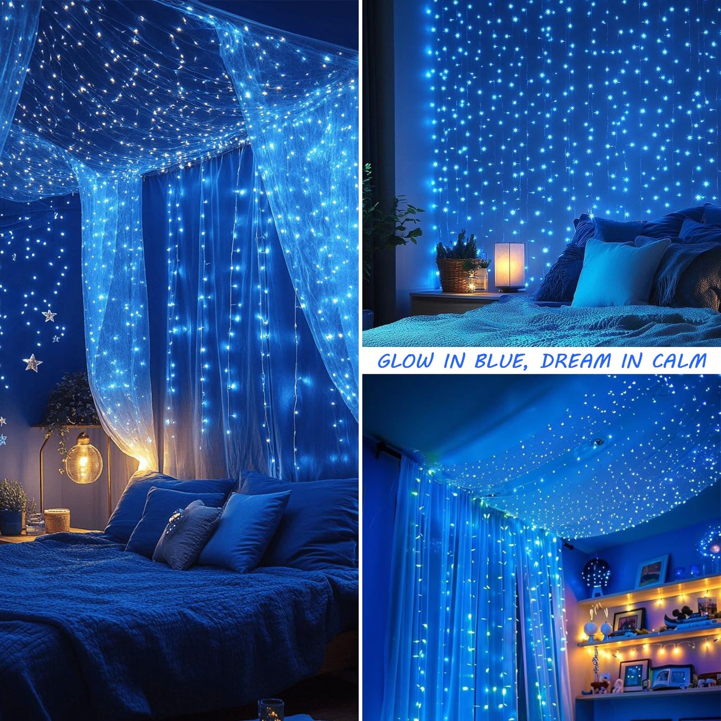 HEYFUNi Curtain Lights,304L 9.8ftX9.8ft 30V 8Modes Safety Window Lights with Memory for Home Wedding Christmas Party Patio Lawn Garden Bedroom Outdoor Indoor Wall Decorations (304LED, Blue) 1