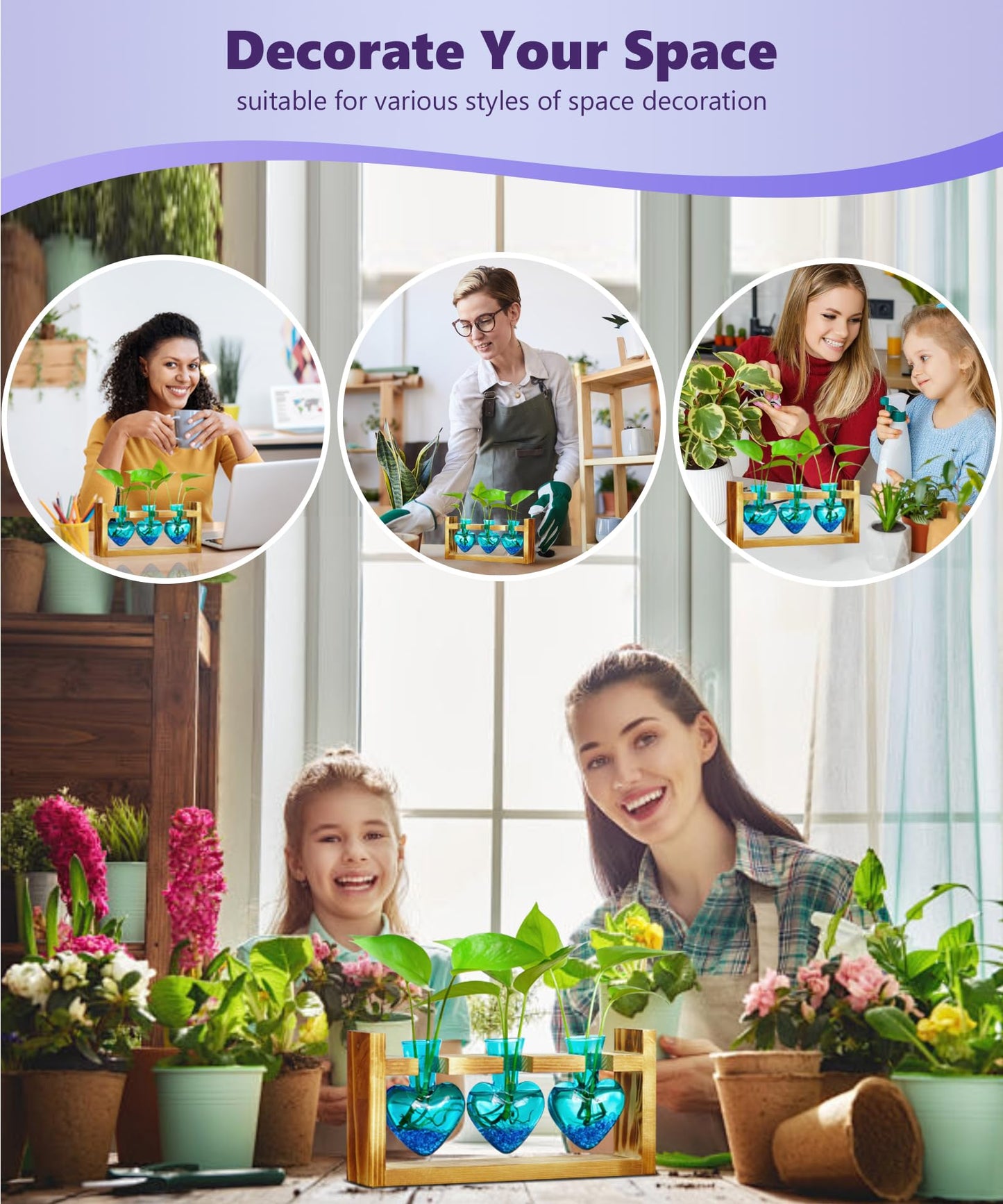 Nacome Plant Terrarium for Office Decor: Birthday Gifts for Plant Lovers Women Mom Wife - Wooden Stand Tabletop Planter 3 Bulb Glass Vase Heart Shaped for Hydroponics Indoor Home