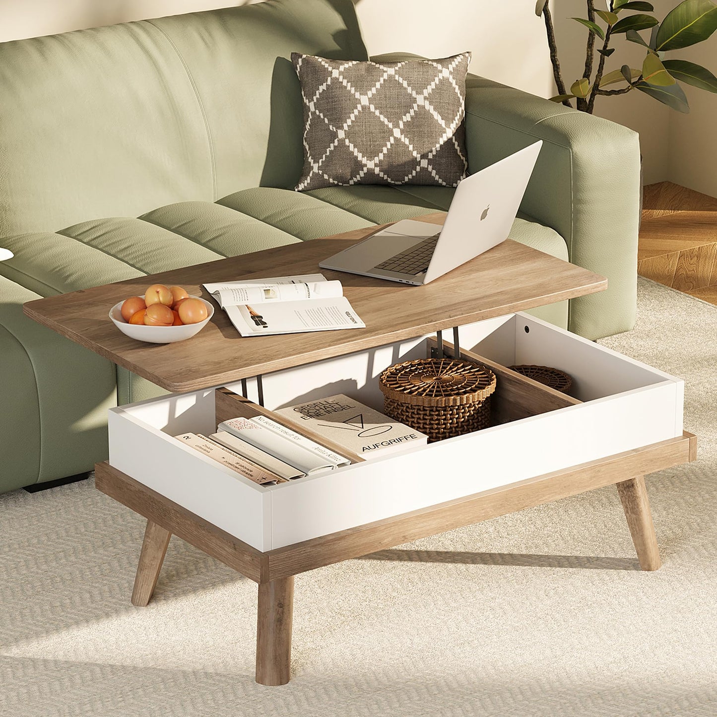 Meilocar Wood Coffee Table, Lift Top Coffee Table with Hidden Compartment, Living Room Reception Room, 39.4in L, Ivory