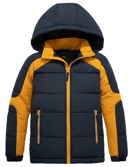 ZSHOW Boys' Hooded Puffer Jacket Fleece Lined Padded Winter Coat(Navy & Yellow,10-12)