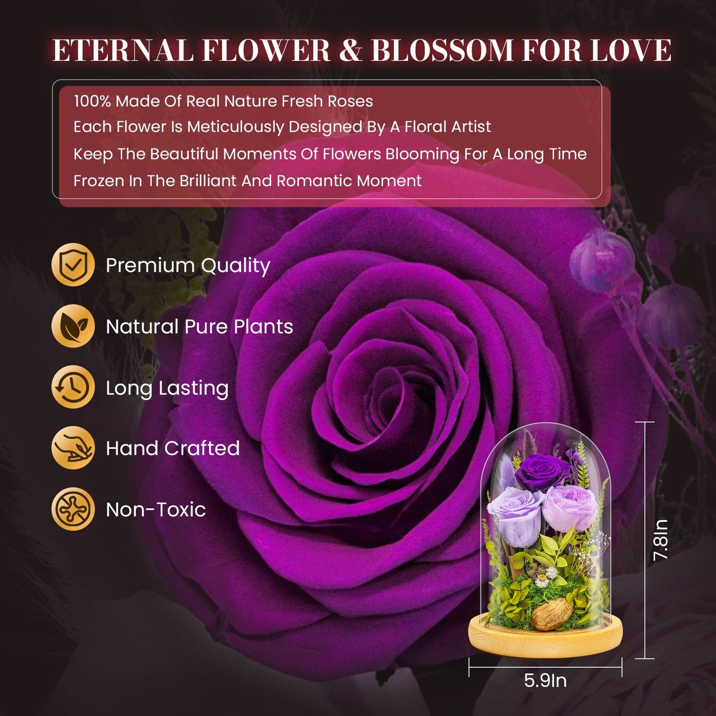 Preserved Flowers Gifts for Women Eternal Rose In Glass Dome Light Up Flower Real Rose Eternal Flowers for Decoration Long Lasting Forever Preserved Glitter Roses Unique Gift on All Occasions(Purple)