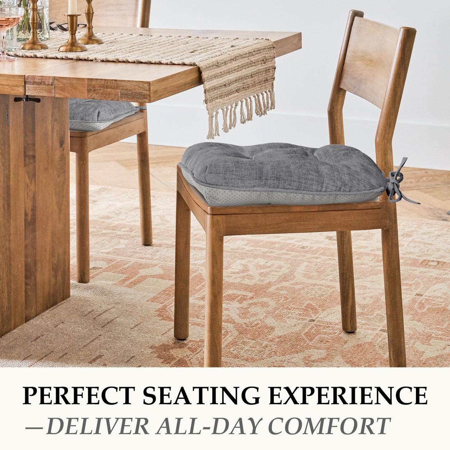 HARBOREST Chair Cushions for Dining Chairs Set of 4 - Chenille Tufted Kitchen Chair Cushions with Ties and Non-Slip Bottom, Foam Chair Pads for Dining Chairs, 17" x 17", Grey