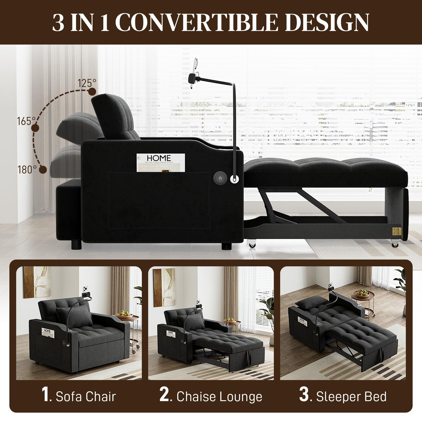 Wrofly 3 in 1 Single Sleeper Sofa Chair with Pullout Bed, Convertible Pull Out Couch with Adjustable Backrest, Modern Chaise Lounge with USB Port for Living Room, Small Spaces, Black Velvet