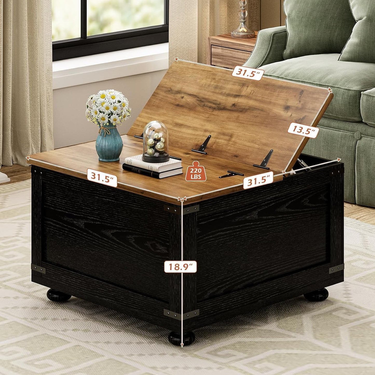 MaverickFurni Farmhouse Coffee Table with Storage, Black Lift Coffee Tables for Living Room, Square Coffee Table with Wood Gourd Feet and Hydraulic Gas Rod, Black