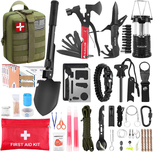 Survival Kit, 160 Pcs Emergency Supplies Camping Accessories with Upgraded Molle Bag, Gifts for Men Outdoor Adventure Camping Hiking Hunting (Green)