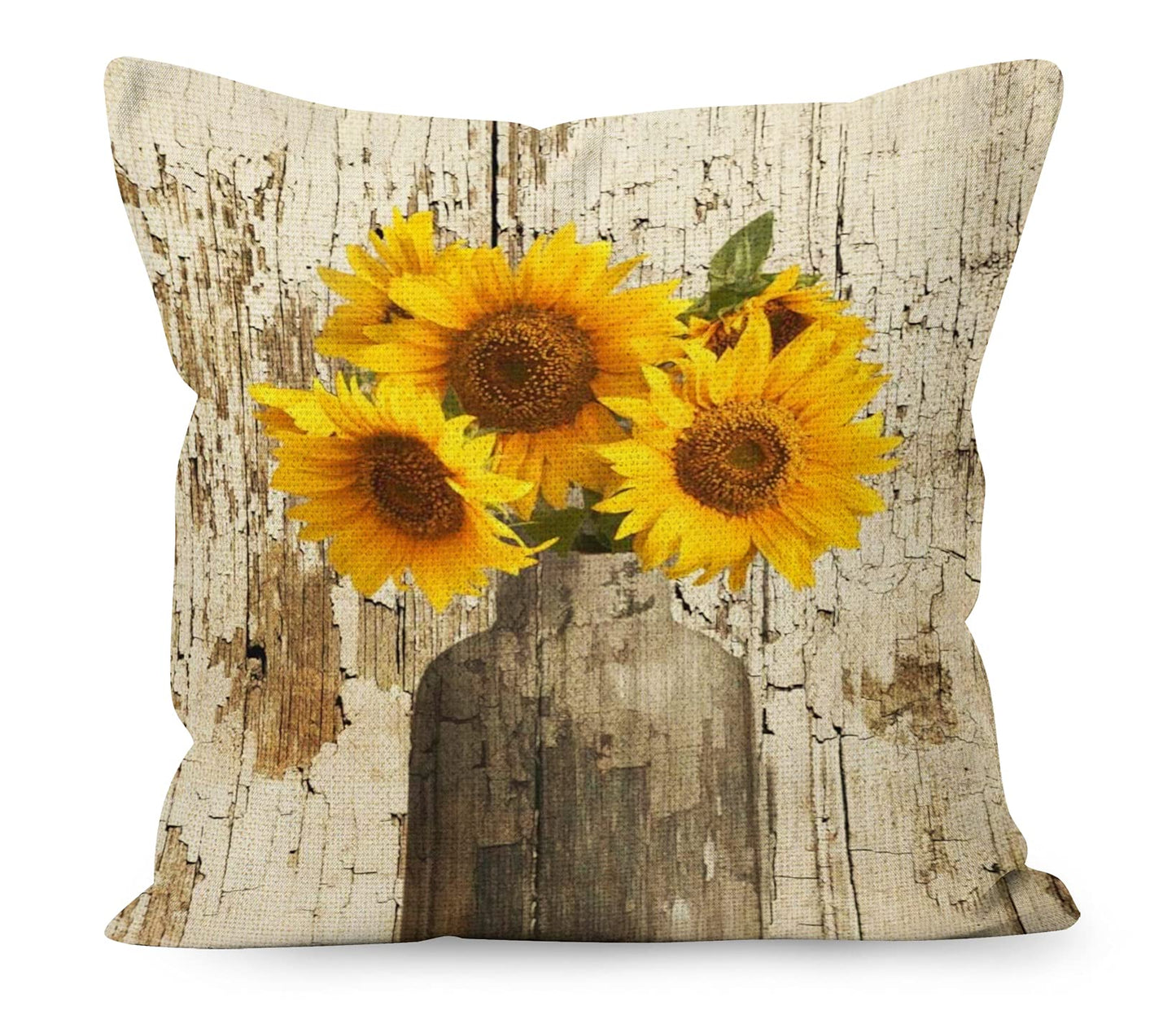 YUESHARE Farmhouse Rustic Summer Fall Flower In Vase Wood Board Linen Throw Pillow Cover, Fall Summer Lover Gifts For Home Room Bed Sofa Decorations Decor (18 x 18 Inch)