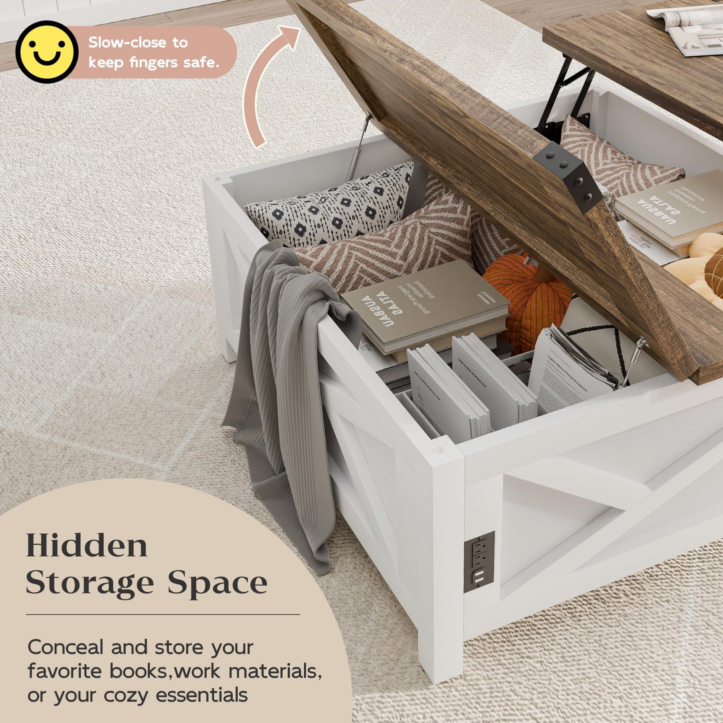 MU Lift Top Coffee Table, Square Coffee Table with Hidden Storage, Farmhouse Wood Table with Charging Station and Barn Door for Living Room, White