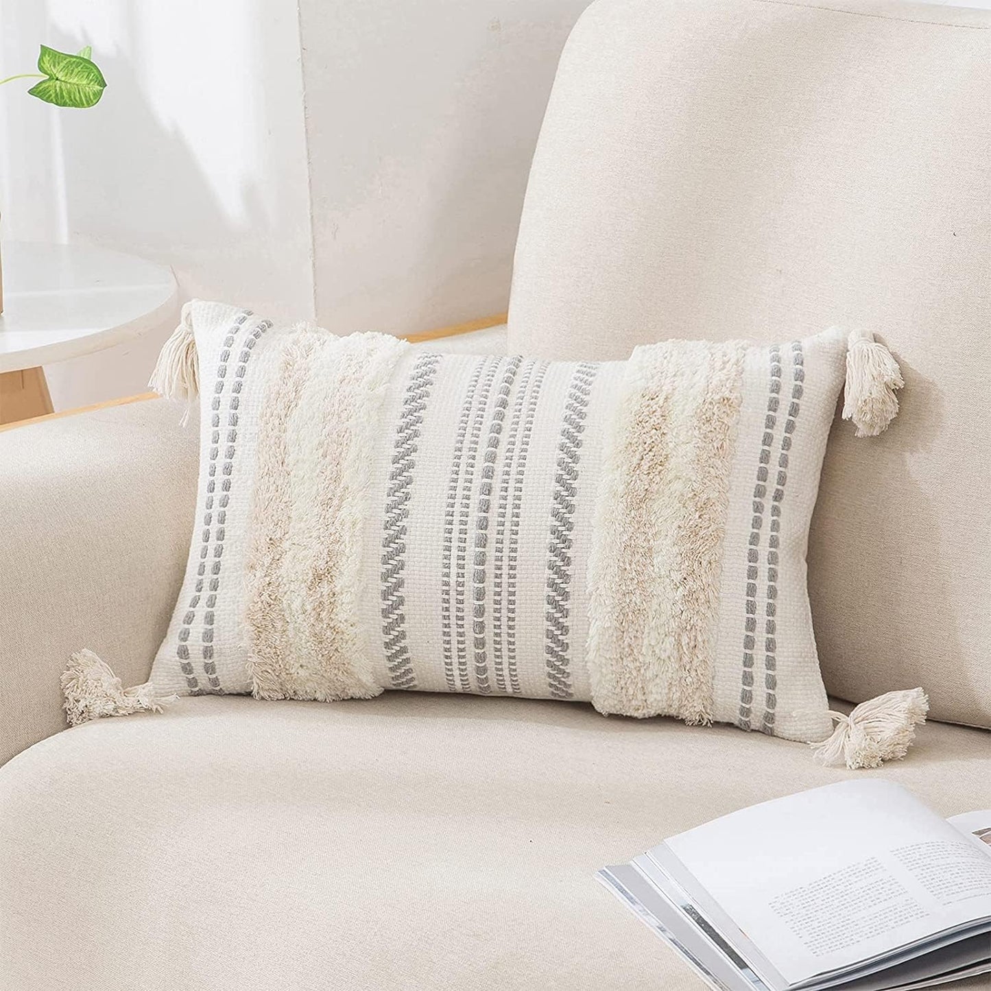 decorUhome Decorative Boho Throw Pillow Cover 12x20, Lumbar Accent Neutral Textured Tufted Pillow Cover Striped for Couch Bed Sofa, Beige and Cream White, Pack of 1
