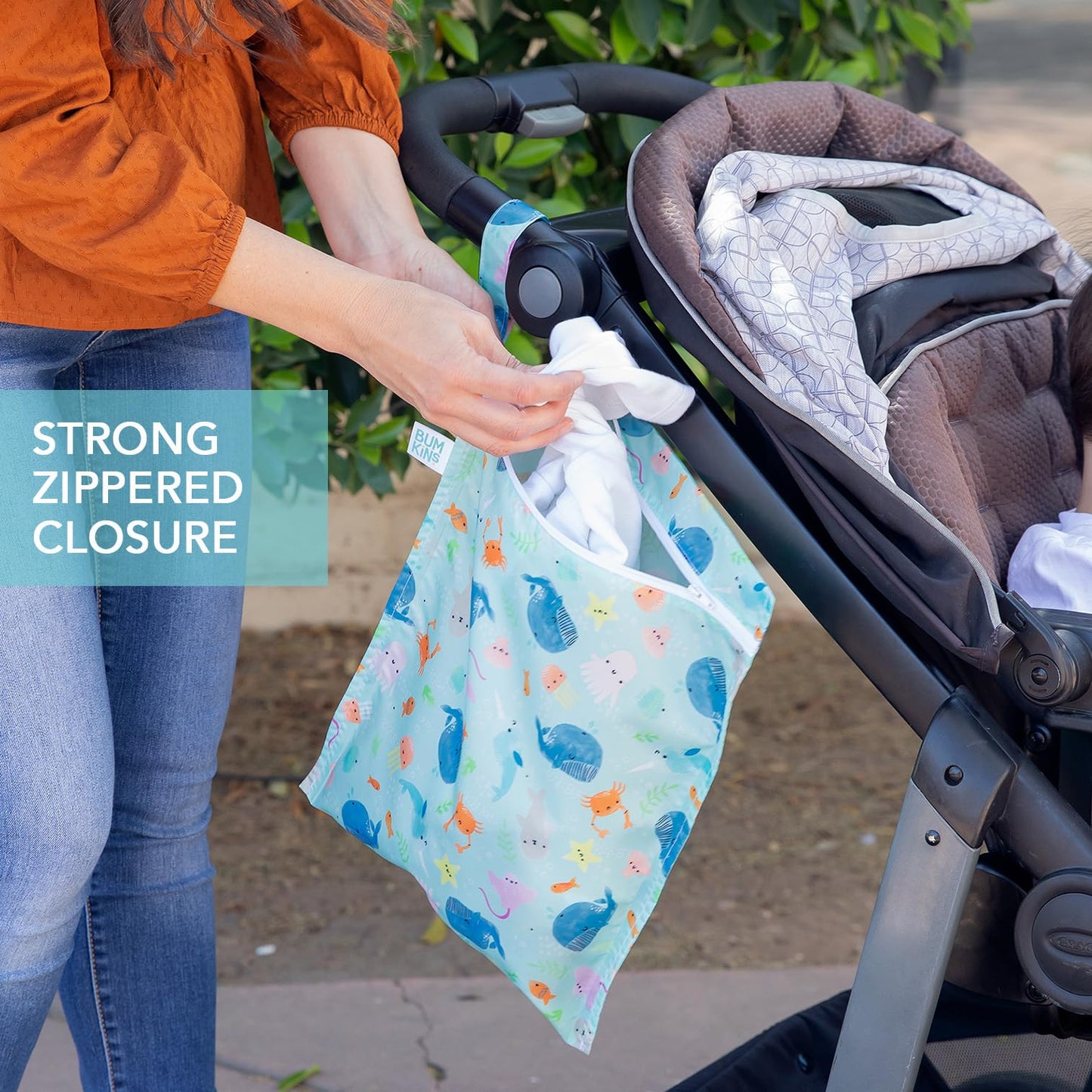 Bumkins - Waterproof Wet Bag & Clear Travel Bags - For Beach, Baby, Travel, Swim Suit, Cloth Diapers, Pump Parts, Pool, Gym, Toiletries - Reusable & Easy to Clean - Ocean Life Blue - 4 Pack