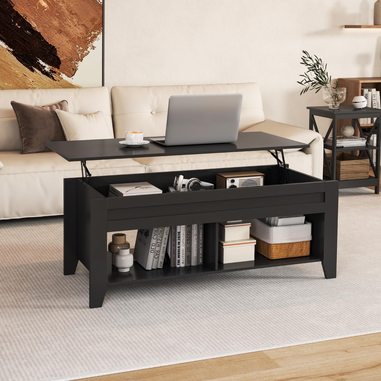 Yaheetech Black Coffee Table, Lift Top Coffee Tables with Hidden Storage Compartment & Open Shelf, Lift Tabletop Pop-Up for Living Room Reception, 47.5inch L