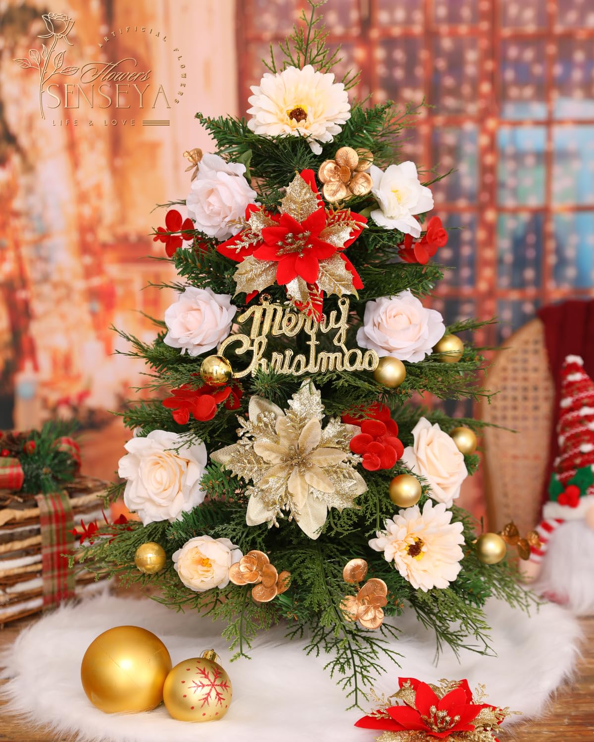 Senseya Artificial Christmas Flowers Poinsettia Combo Set, Mix Silk Flowers Fake Roses with Stems, for DIY Tree Ornaments Xmas Wreath Floral Arrangements Centerpieces Home Christmas Decorations
