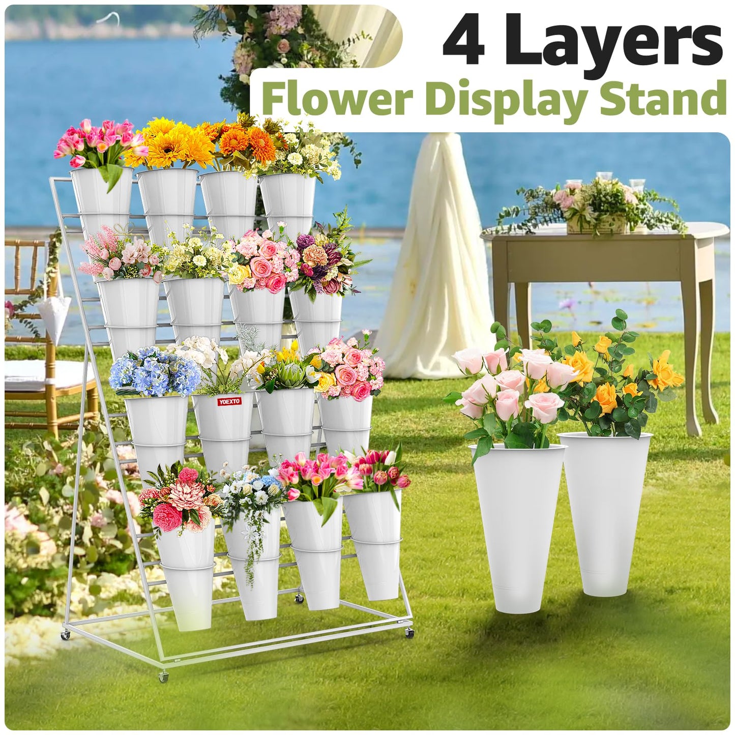 YOEXTO Flower Display Stand 4 Layers with 16 PCS Round Buckets, Plant Stand with Wheels, Movable Metal Plant Stand for Terrace Garden, Florist Shop