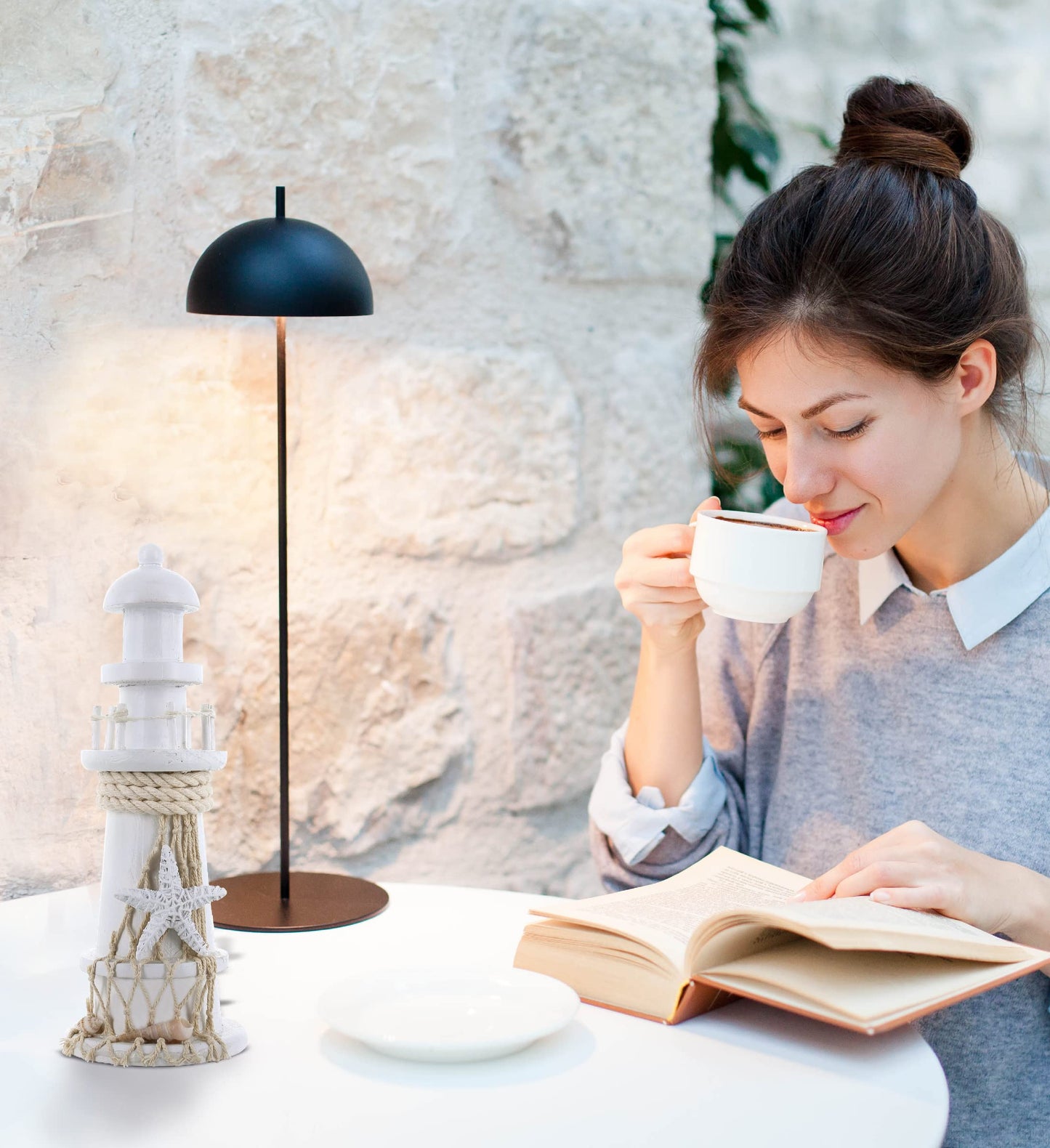 Puzzled COTA Global White Lighthouse Decor - Handmade and Crafted Wooden Lighthouse Decoration with Starfish, Decorative Tabletop Centerpiece Home Decor - 8.75 Inches