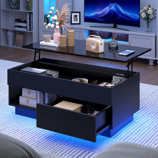 LED Coffee Table Black Lift Top Coffee Table with Storage Modern Tea Table with Drawer Lift Up Dining Center Table with LED Light for Living Room Home Office