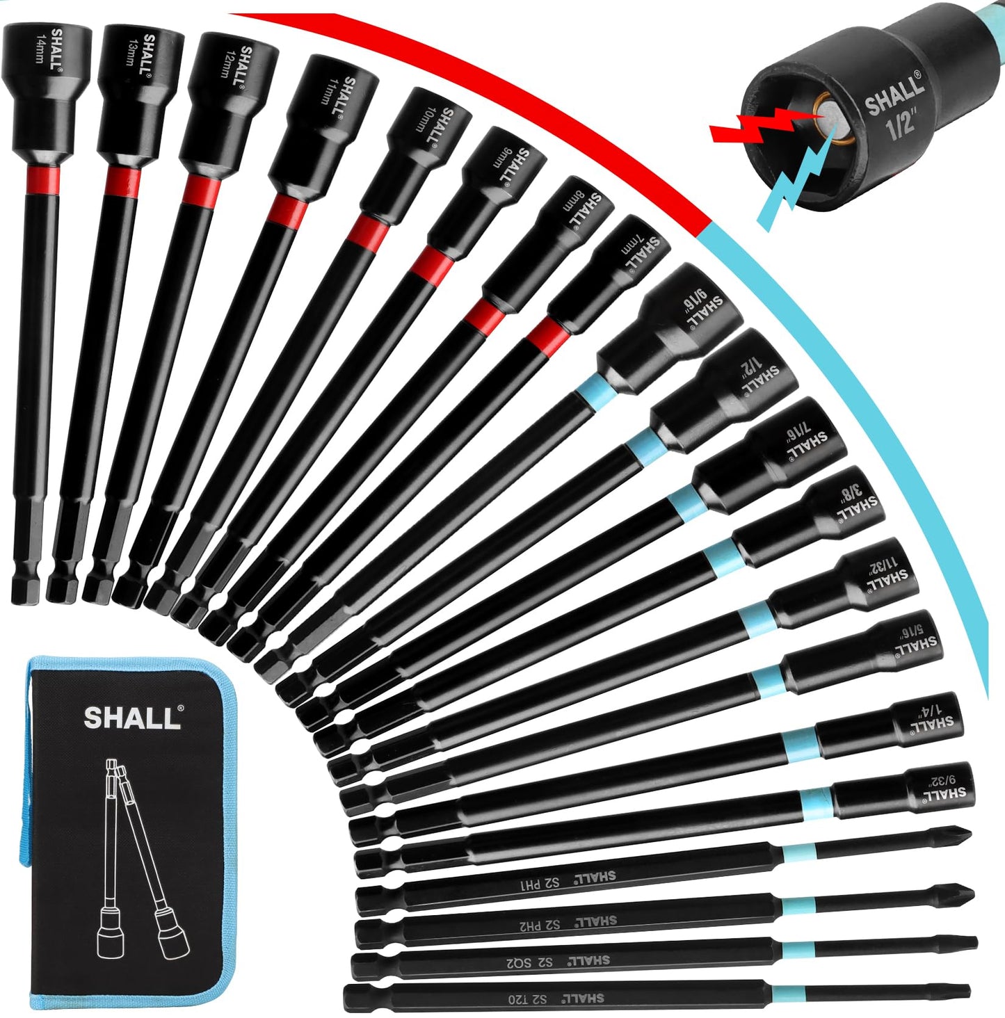 SHALL 29PCS Magnetic Nut Driver Set, Impact Drill Driver Bit 1/4" Hex Shank, SAE & Metric Cr-V Steel Power Nut Drivers with Quick-release Extensions, Impact Socket Adapters, Bit Holder and Storage Bag