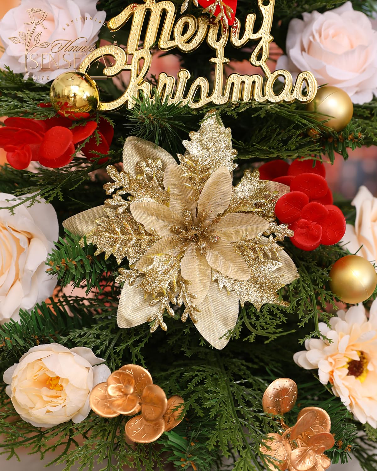 Senseya Artificial Christmas Flowers Poinsettia Combo Set, Mix Silk Flowers Fake Roses with Stems, for DIY Tree Ornaments Xmas Wreath Floral Arrangements Centerpieces Home Christmas Decorations