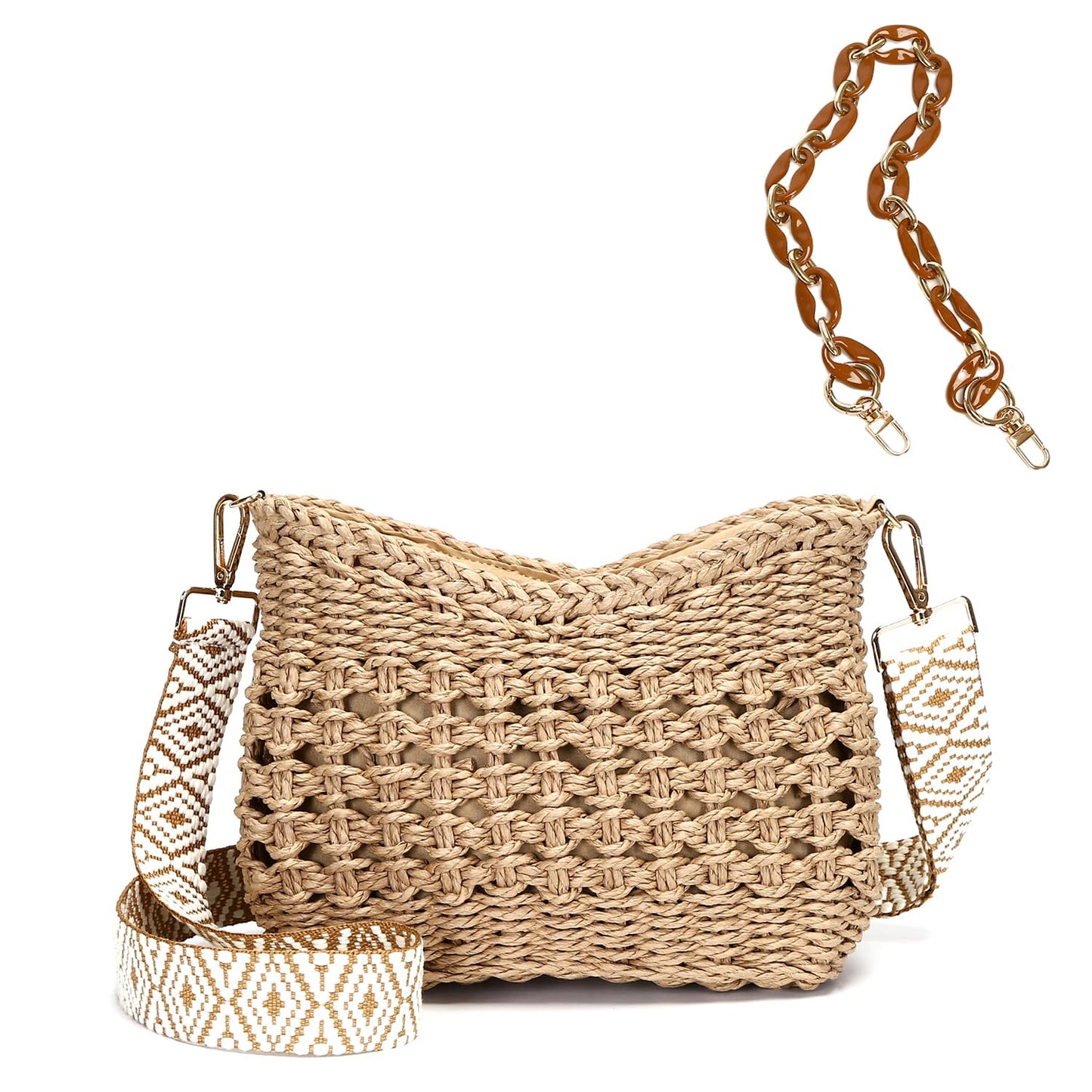 Herald Small Handmade Straw Pocketbook Crossbody Bag for Women, Summer Chic Woven Handbag Shoulder Purse with Chain (Hollow Out Coffee)