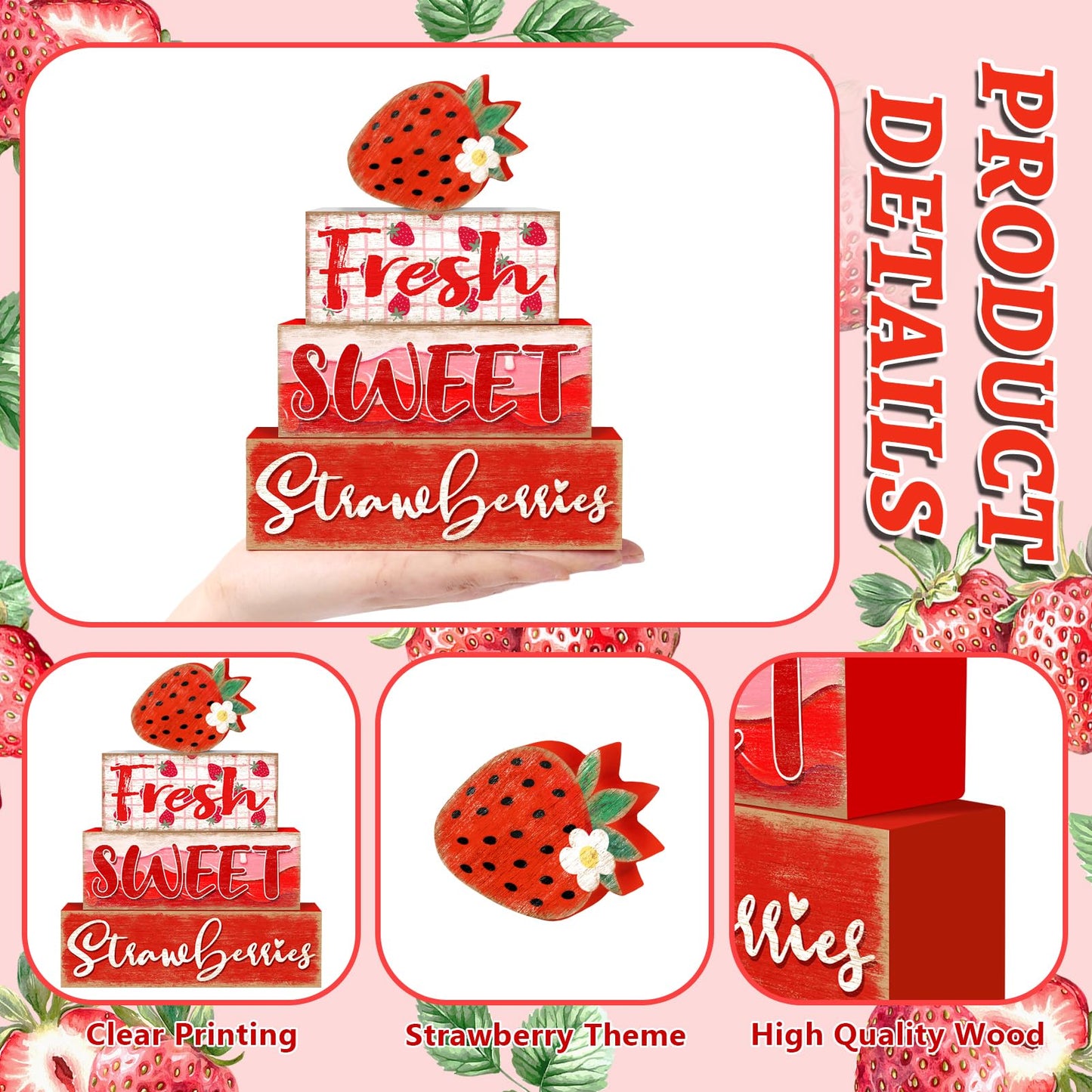 Britimes 4 Pcs Strawberry Decor Summer Wooden Tiered Tray Set, Strawberry Table Décor Farmhouse Rustic Wooden Coffee Table Centerpieces for Home kitchen Office Decorations (Strawberry Style)