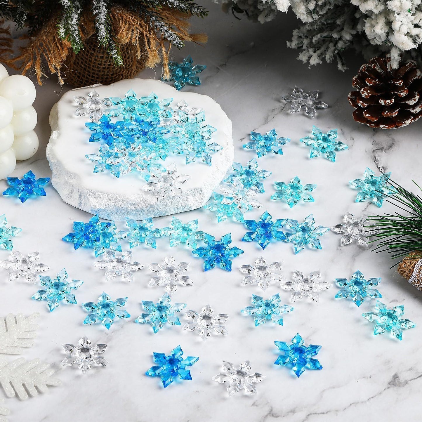 240Pcs Winter Acrylic Snowflake Ornaments 3D Blue Translucent Snowflake Crystals Gems Christmas Xmas Pendant Beads DIY Crafts for Vase Filler,Table Scatter, Party Wedding Arts Crafts Decoration