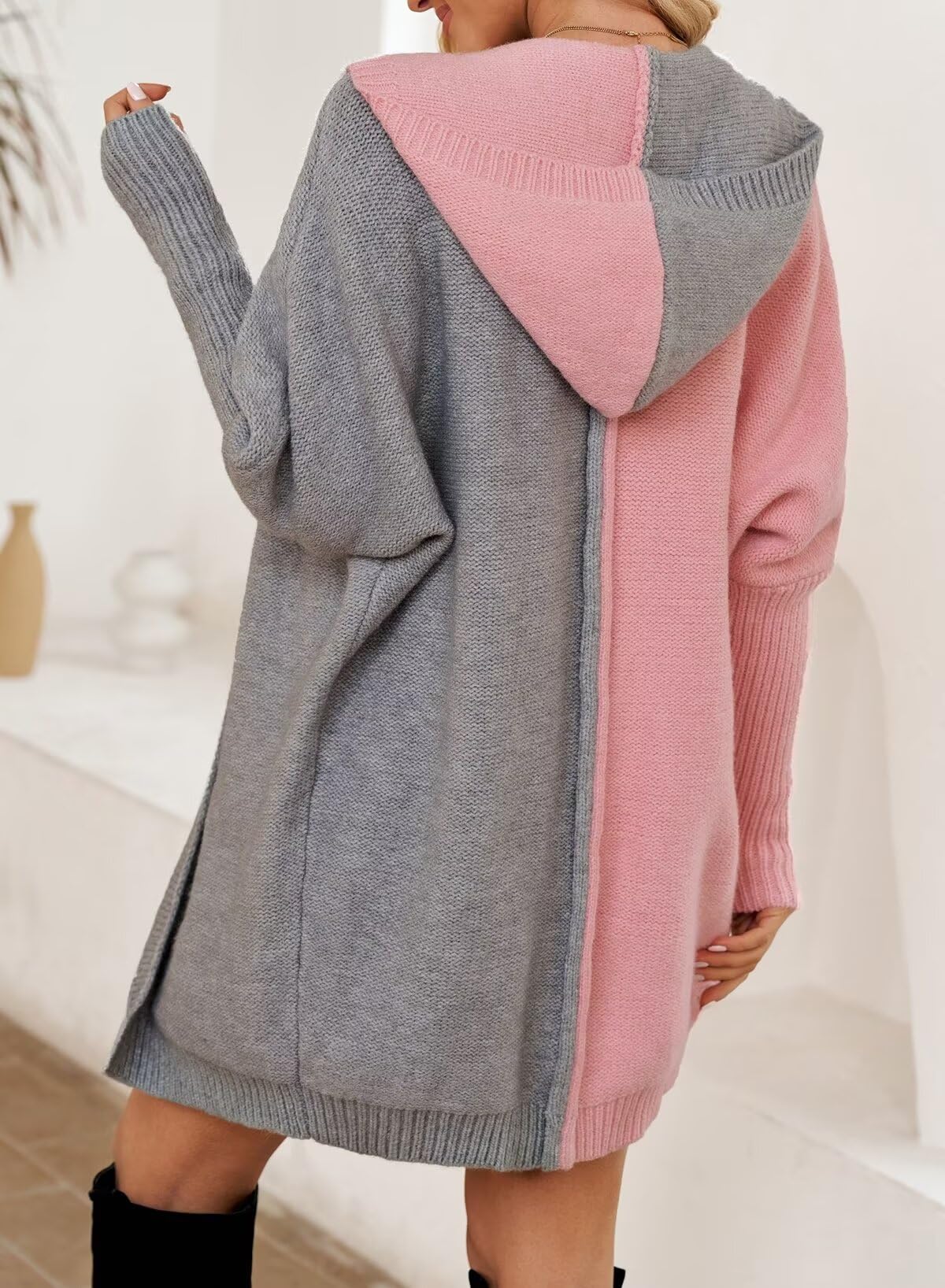 Astylish Women Casual Fall Fashion Hooded Color Block Open Front Cardigan Long Sleeve Sweater Outwear Pink Large