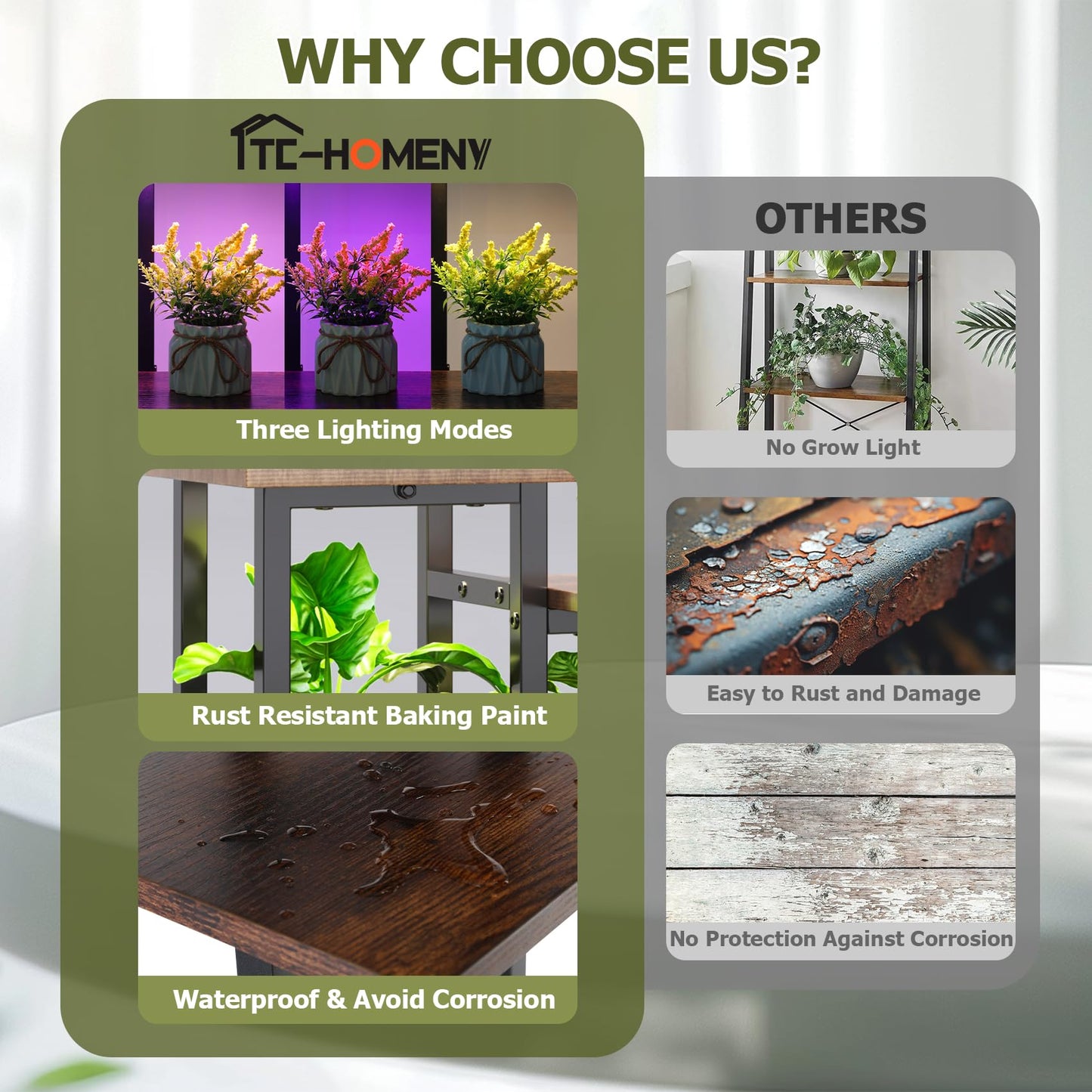 TC-HOMENY Plant Stand Indoor with Grow Lights, 7 Tiered Metal Plant Shelf, 45" Tall Irregular Plant Stand for Indoor Plants, Plants Flower Holder, Plant Shelf Display Rack for Patio, Living Room