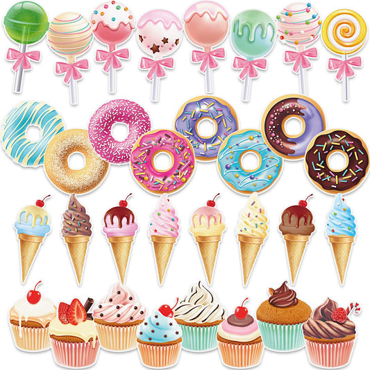 Sepamoon 32 Pcs Candy Party Decorations Summer Ice Cream Bar Supplies Includes Ice Cream Donuts, Round Lollipop and Cupcakes Cutouts for Birthday Party with Glue Point Dots for Home Room Decor