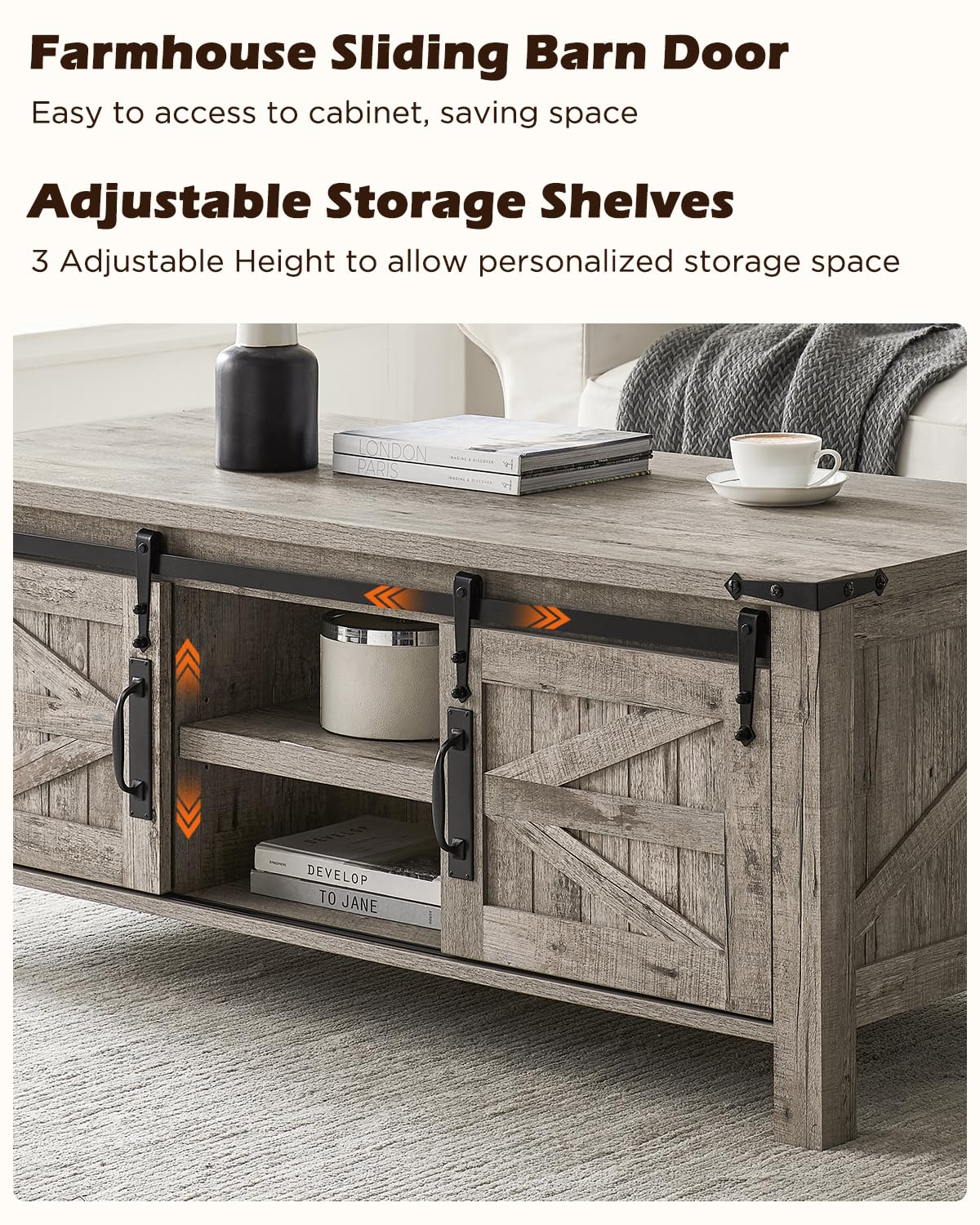 OKD 48" Farmhouse Lift Top Coffee Table with Sliding Barn Door, Rustic Center Table w/Hidden Storage Compartment, Lift Tabletop Dining Table w/Adjustable Shelf for Living Room,Light Rustic Oak