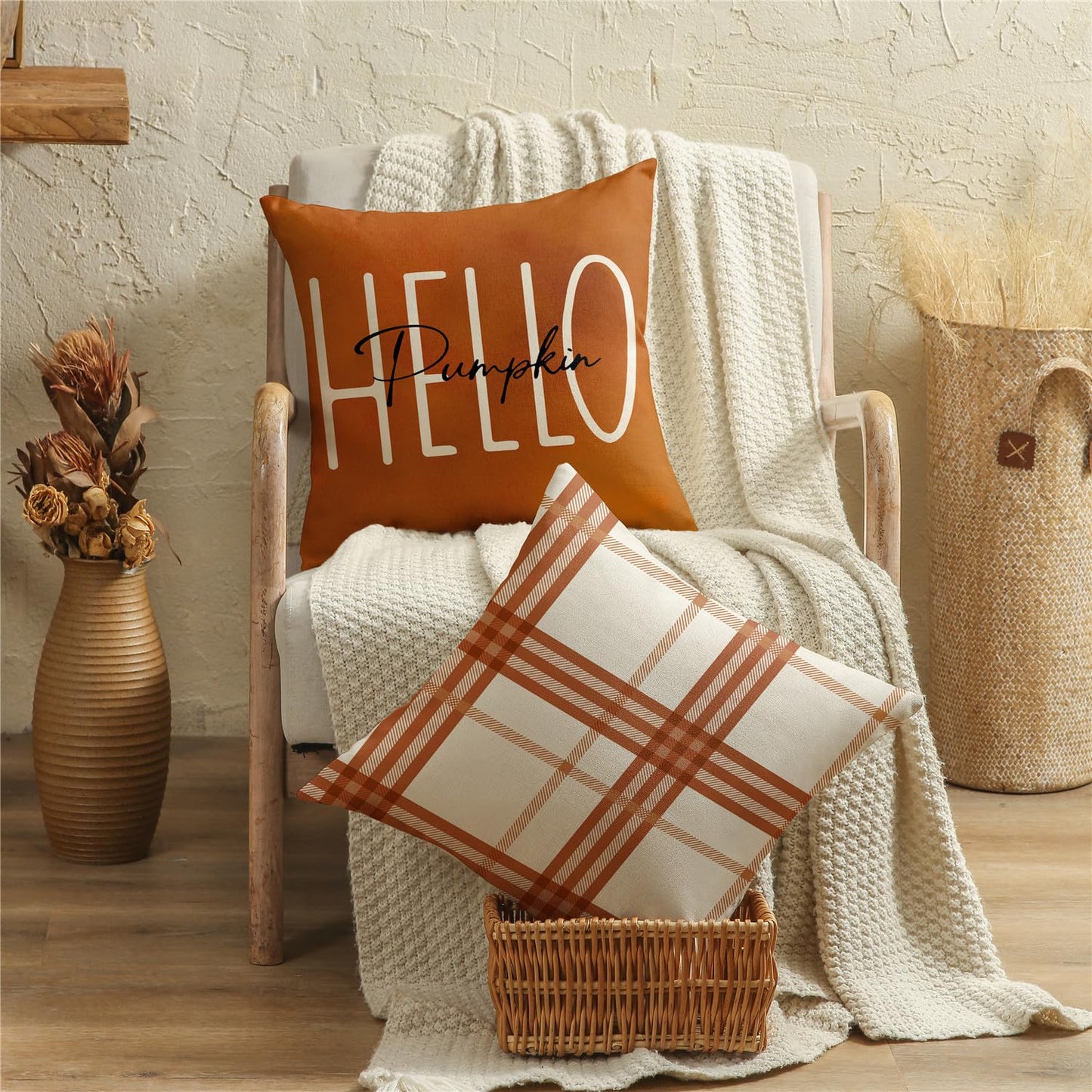 KISVODS Fall Pillow Covers 18x18 Thanksgiving Farmhouse Decorations Maple Leaf Pumpkin Outdoor Fall Decor Throw Pillow Covers Orange Plaid Autumn Harvest Cushion Case for Sofa Couch Set of 4