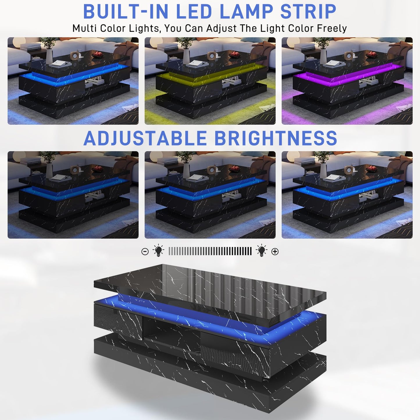 47.2 inch Modern High Glossy LED Coffee Table with 2 Sliding Drawers, Double-Layer Center Tables with LED Lights for Livings Room Furniture, Black