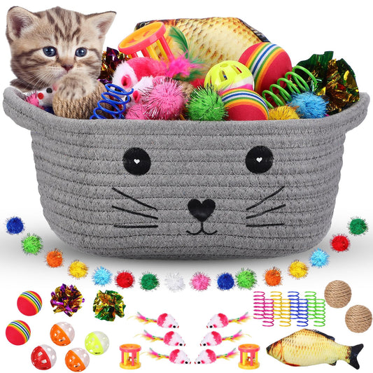 Zopeal 58 Pcs Cat Storage Basket Gift Toys Set, Colorful Flashing Balls Pet Bell Crinkle Balls Spring Toys Attract Cat to Swat, Bite, Hunt, Interactive for Pet(Gray)