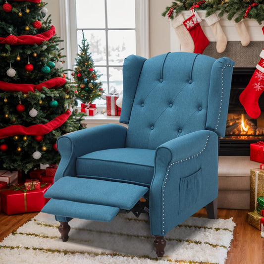 B BAIJIAWEI Wingback Recliner - Tufted Arm Chair With Massage and Heat - Fabric Push Back With Remote Control, Heating Function, Adjustable Backrest (Blue)