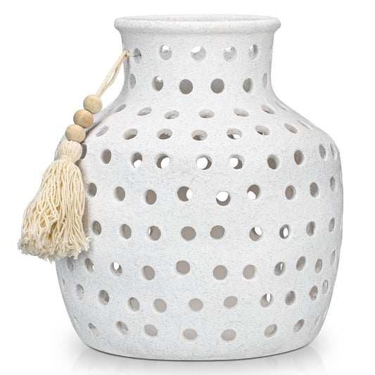 Ceramic Flower Vase Home Decor - 10 Inch Rustic Hollow White Pottery Vase Modern Farmhouse Vintage for Centerpieces House Living Room Dining Table Shelf Mantel Decoration