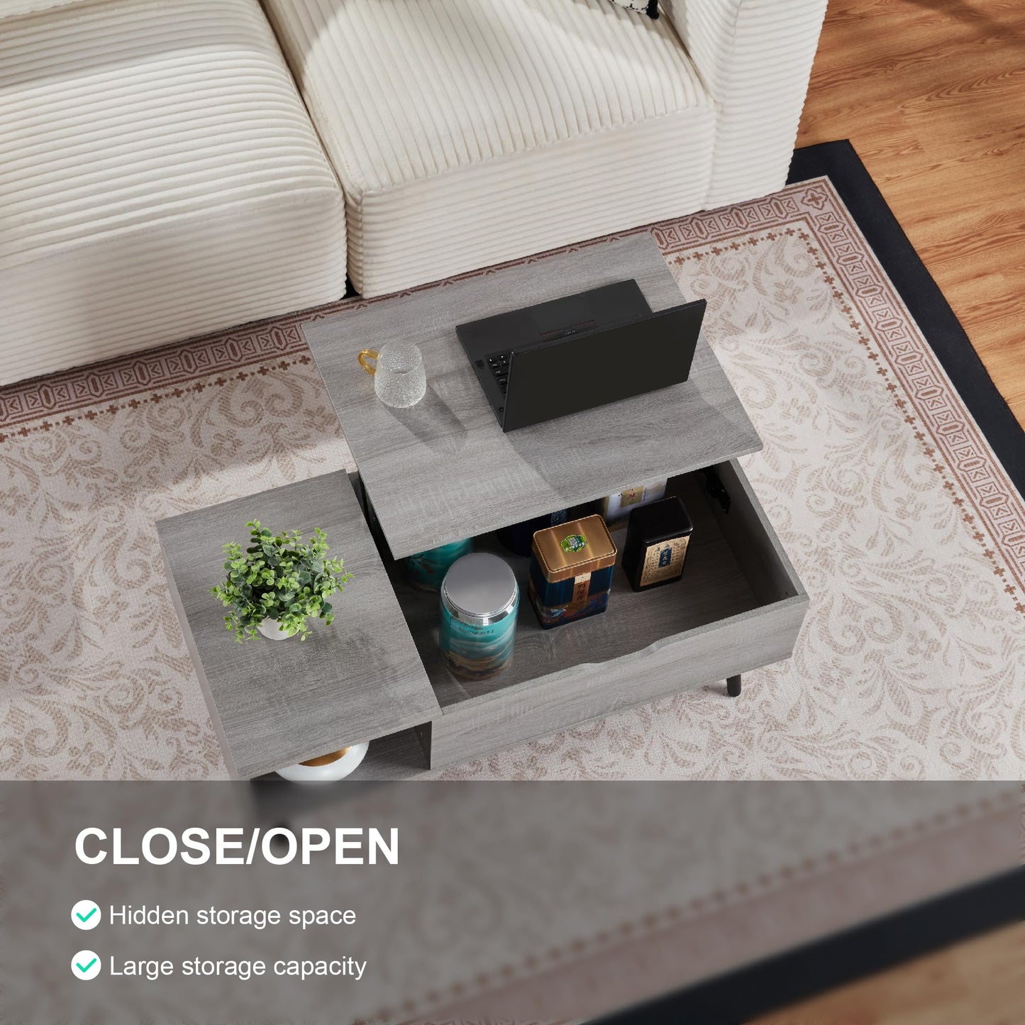 39" Coffee Table, Wood Lift Top Coffee Tables for Living Room with Storage Shelf and Hidden Compartment, Grey