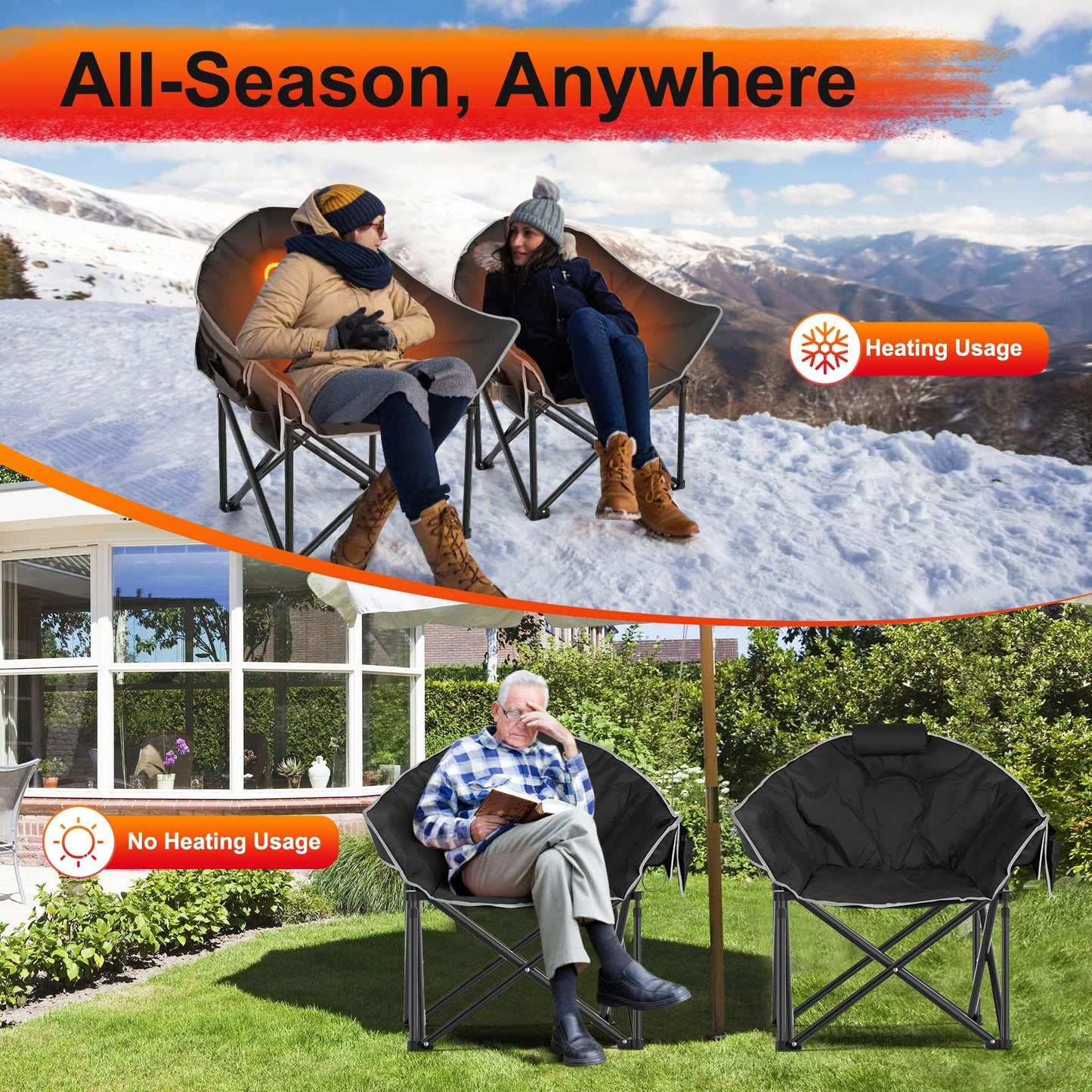 Slendor Oversized Heated Camping Chair with Power Bank, Portable Lounge Lawn Chairs, 3-Level Heats Padded Camping Chairs with Pillow, Storage Bag,10S Quick Heat, Extra Large, Supports 440lbs, Black