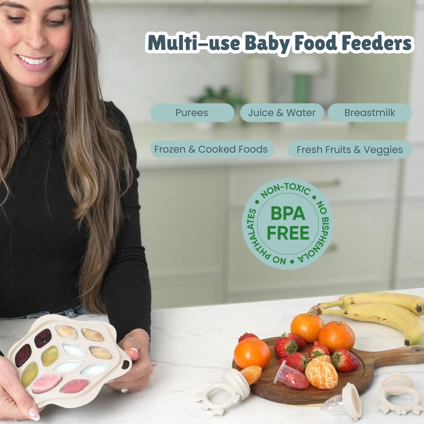 Baby Fruit Food Feeder, Bib, and Breastmilk Popsicle Molds for Teething Relief - 3 Pack Set with Multi-Portion Freezer Tray & Lid, Adjustable Spill-Resistant Bib, and 3 Pacifier Sizes (Beige)