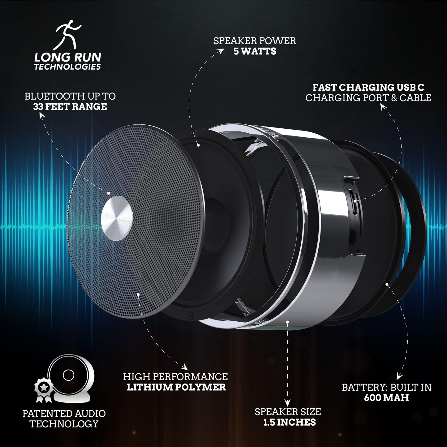 Bluetooth Speaker Set: Wireless Stereo Dual Pairing Portable Twin TWS System With Big Rich Bass Hi-Fi Multi-Room Indoor Outdoor Use Home Deck Pool Work Travel Party Camping Gift Decor Idea (Chrome)