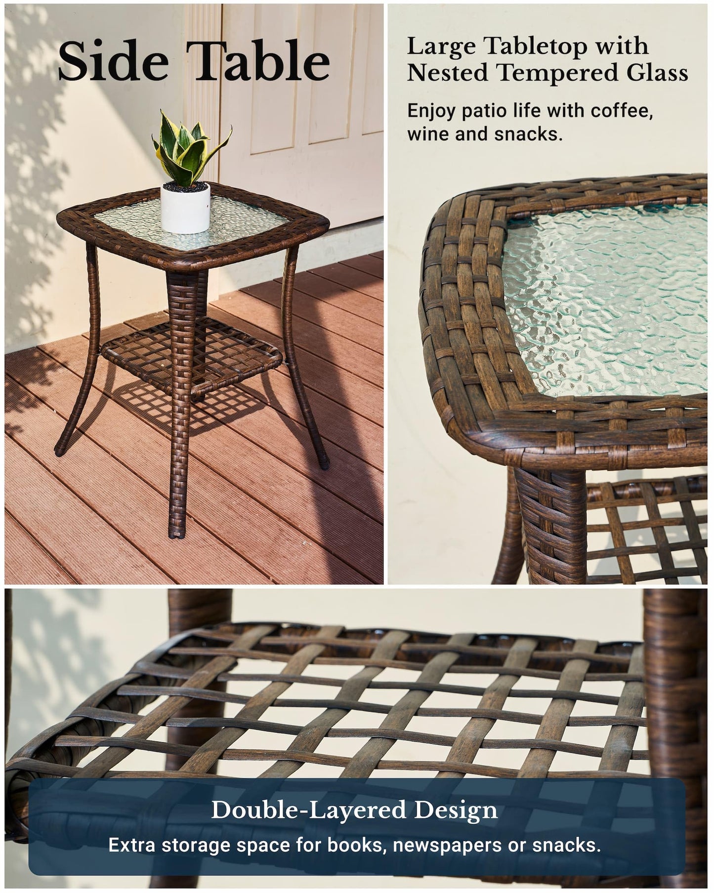 HILLGA Luxury Outdoor Swivel Rocker Patio Chairs of 2 with 6 Inch Thick Cushions and Side Table, Swivel Outdoor Chairs 3PCS High Back Wicker Patio Furniture Set for Porch, Balcony, Deck in Blue