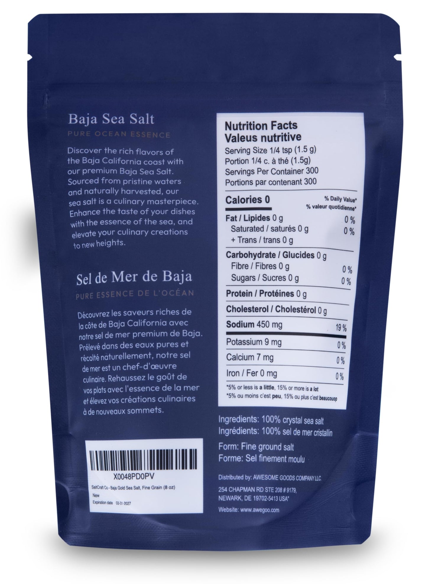 SALTCRAFT COMPANY - Baja Sea Salt, Fine Grain Crystals, Low Sodium 30%, Kosher Certified & Mineral Salt - 8 Ounce