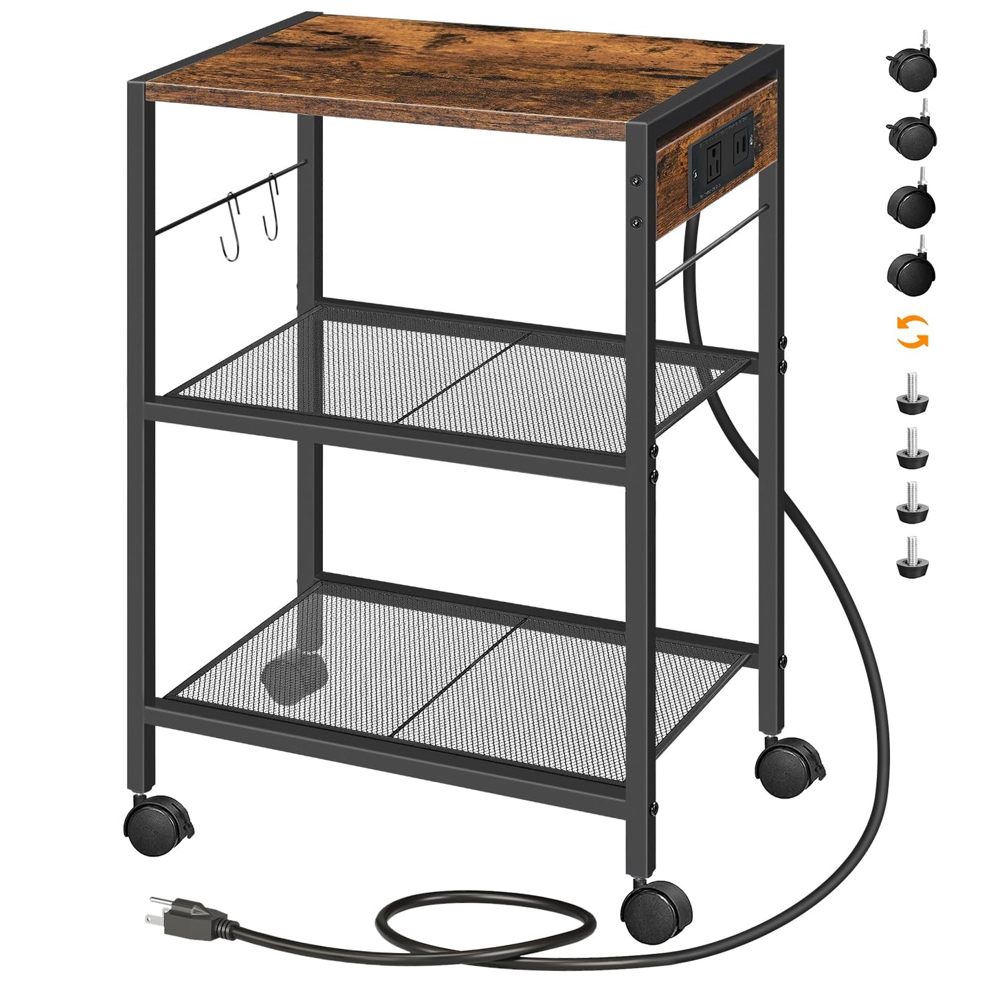 HOOBRO Industrial Printer Stand, 3-Tier Mobile Printer Table, Rolling Cart with Power Outlets and USB Ports, Home Printer Stand with 2 Hooks, for Office, Living Room, Rustic Brown BF22UPS01