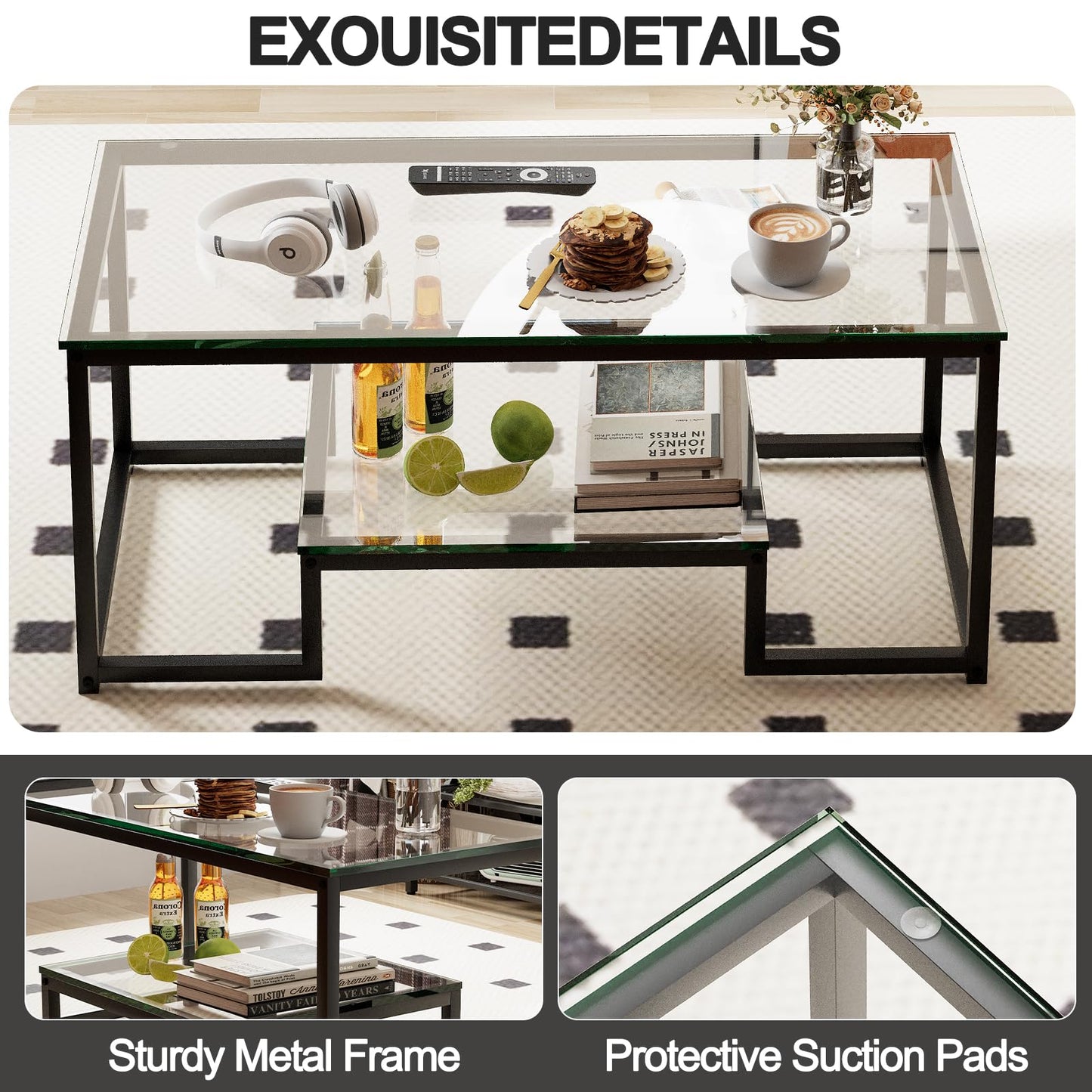 Wolawu Coffee Table Black Glass Coffee Table for Living Room,2 Tiers Rectangle Center Table with Sturdy Metal Frame,Modern Tempered Glass Accent Table for Bedroom Home Office