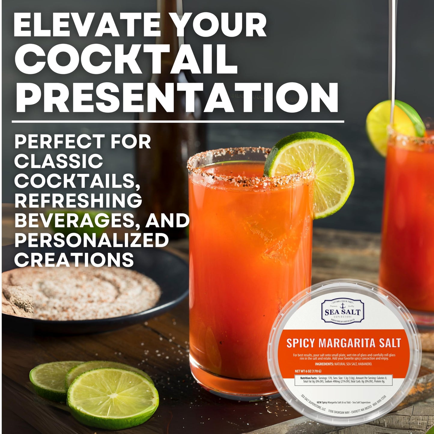 Spicy Margarita Salt Garnishing Infused with Habanero – Unrefined, Natural Cocktail Garnishing for Cocktails, Ruddy Mary & Mixed Drinks, 6 oz Tub – Sea Salt Superstore