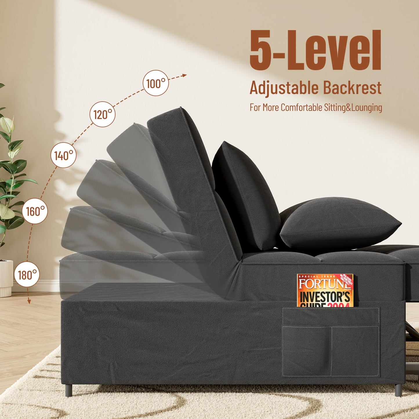 LegacyAmerhome Sleeper Chair, 4-in-1 Multi-Functional Sofa Bed Chair, Single Recliner with Pillow Side Pockets and 5 Levels of Adjustable Backrest, for Living Room Bedroom (Dark Gray)