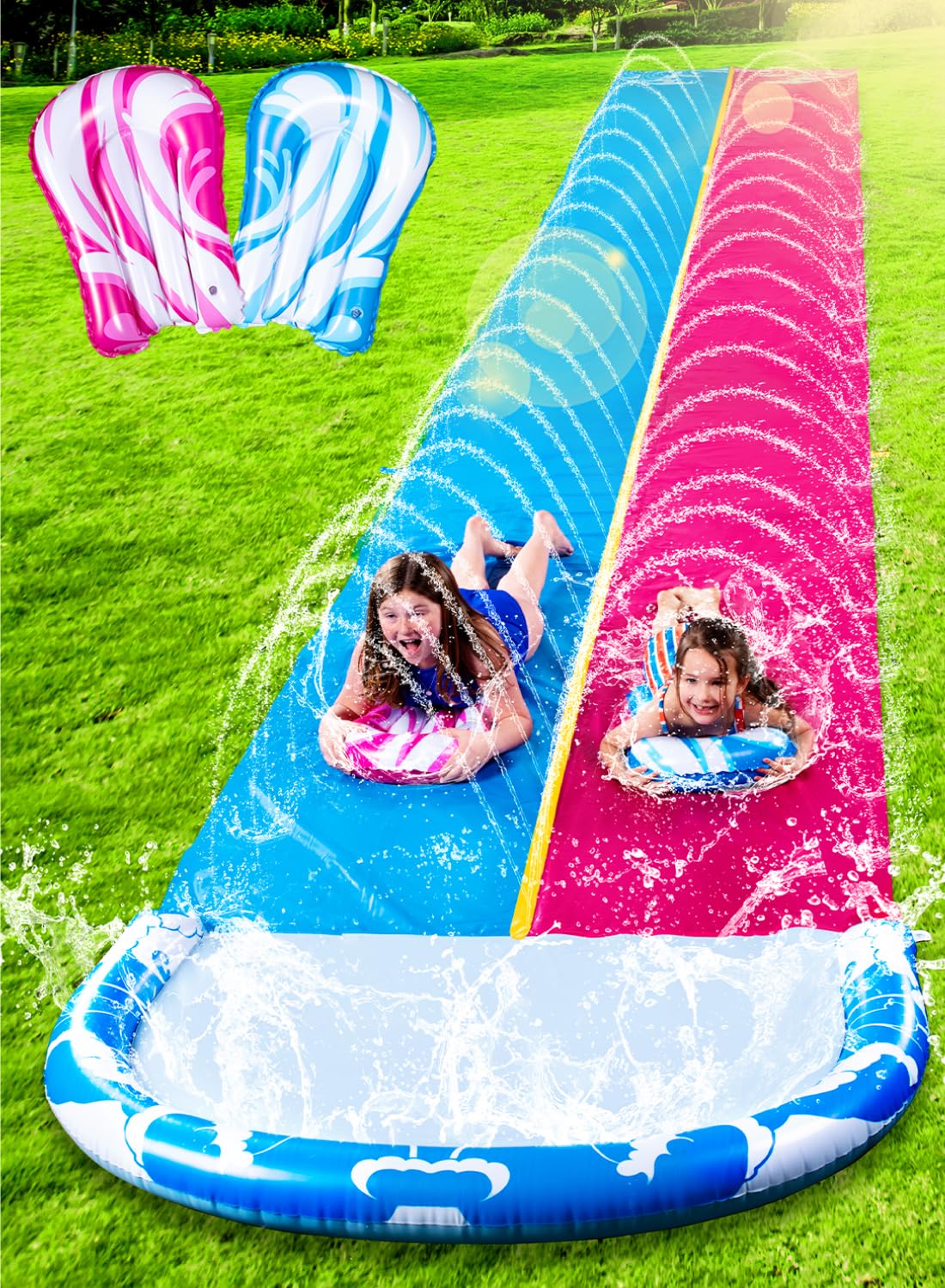 JOYIN 22.5ft Water Slides and 2 Bodyboards, Lawn Water Slide Summer Slip Waterslides Water Toy with Build in Sprinkler for Backyard Outdoor Water Fun for Kids