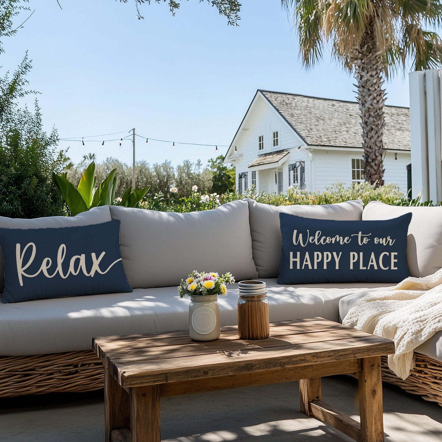 HERHOME Decorative Throw Pillow Cover 12x20 Inch Welcome to Our Happy Place Blue Outdoor Farmhouse Coastal Front Porch Patio Decor Lumbar Cushion Case Decoration for Living Room Sofa Couch