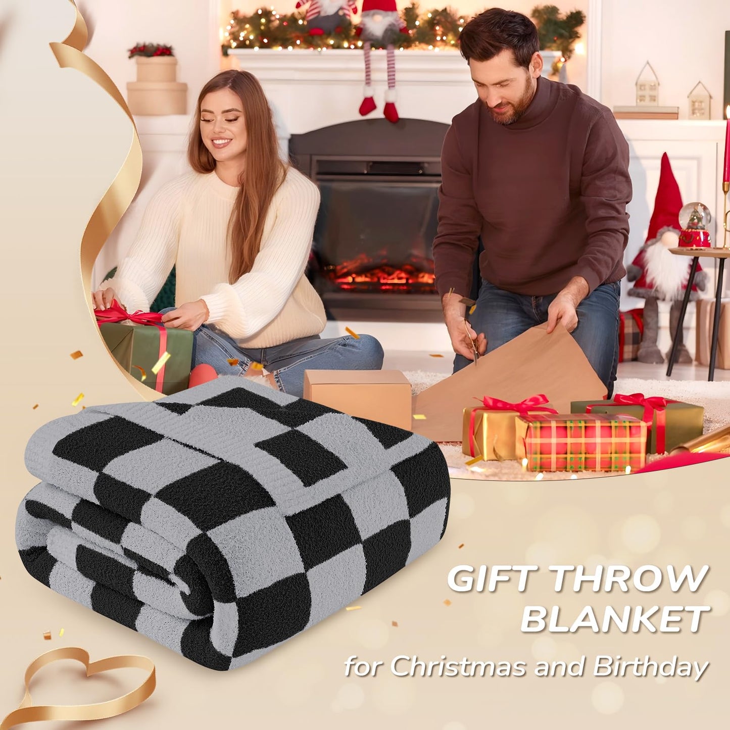 Basic Beyond Black Throw Blanket for Couch, Super Soft Fluffy Checkered Blanket, Cozy Fuzzy Throw Blankets for Bed, Sofa, Chair, 50x60