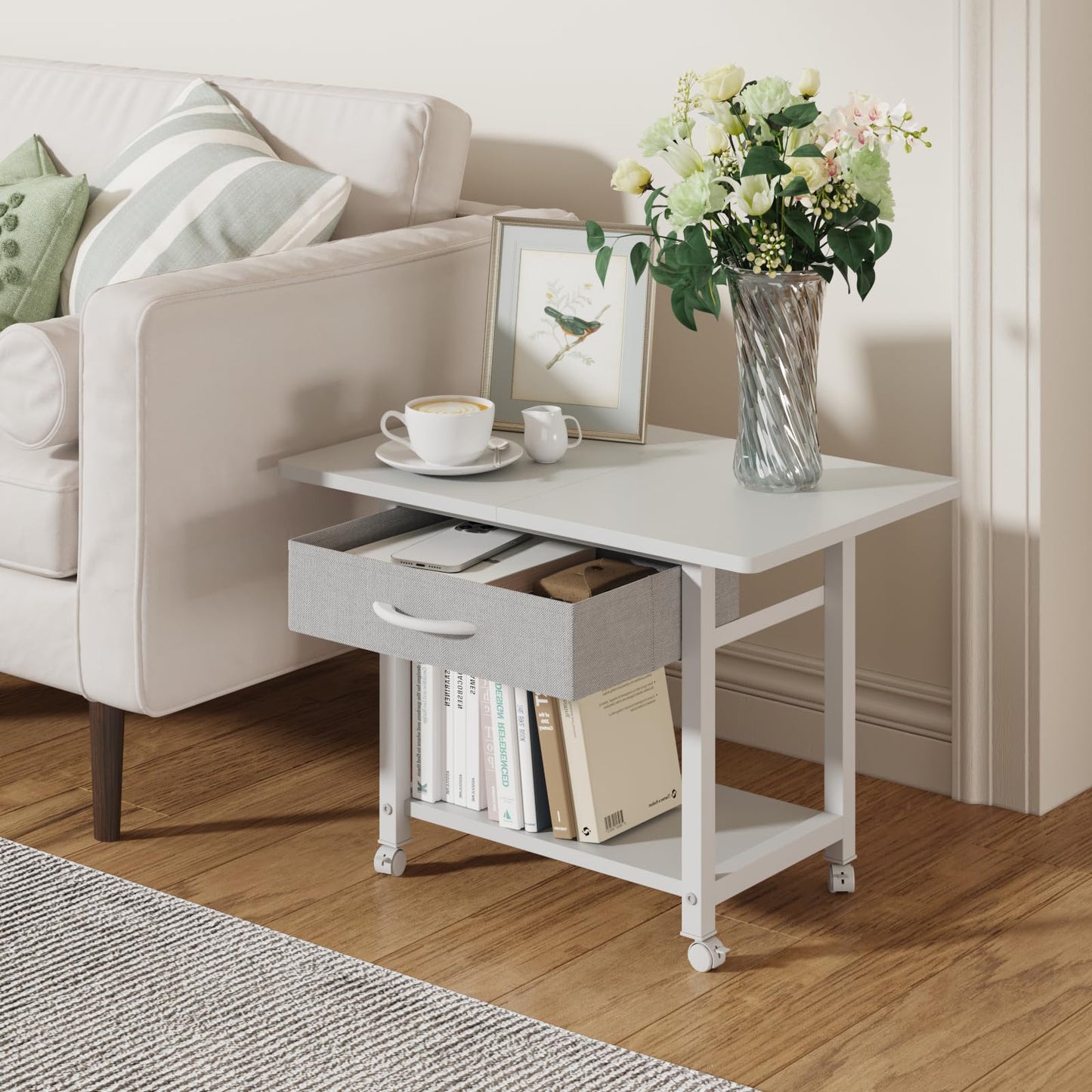 YAOHUOO 22"x15" Large Printer Stand with Storage Drawer, 2-Tier Under Desk Table for Home Office, Fits Fax Machine/3D Printer/Scanner (White)