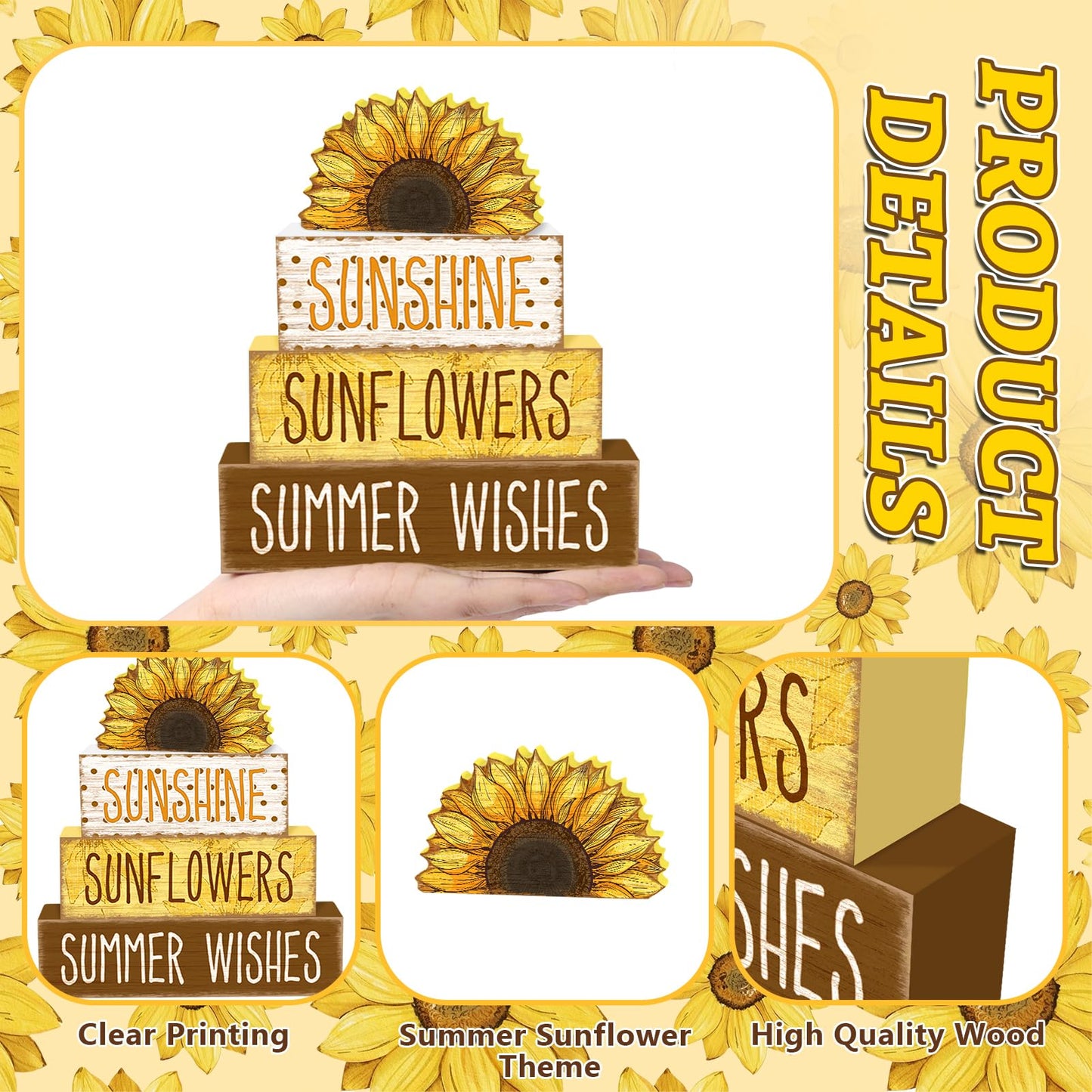 TOMPOP 4 Pcs Summer Tiered Tray Decorations Set Sunflower Stack Block Signs Sunshine Farmhouse Rustic Table Tiered Tray Décor for Table & Home Office (Half-Sunflower Style)