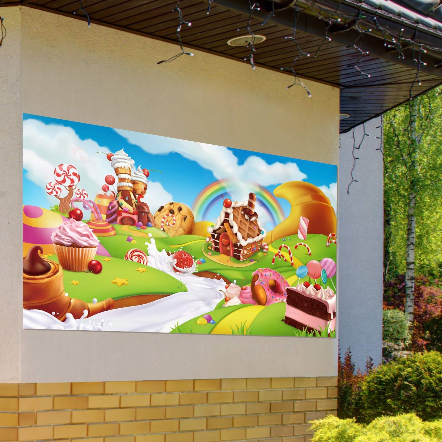 Blulu Candy Backdrop Birthday Party Banner, Christmas Large Fabric Sweet Donut Backdrop for Candy Party Decoration, Sweet Cartoon Landscape Baby Shower Background Photo Props, 72.8 x 43.3 Inch