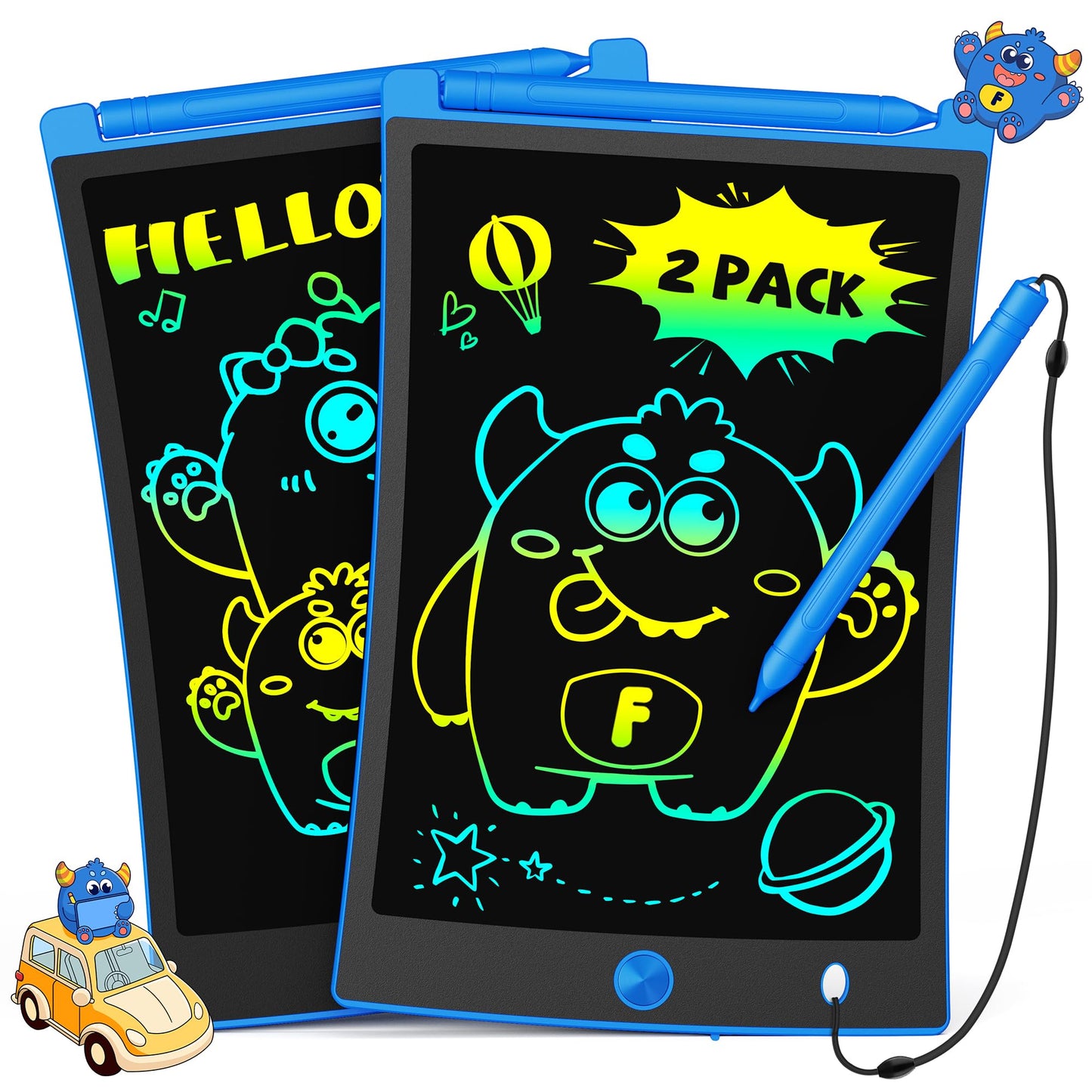 TEKFUN 2 Pack LCD Writing Tablet with Stylus, 8.5in Erasable Doodle Board Mess Free Drawing Pad for Kids, Car Trip Educational Toys Birthday Christmas Gift for 3 4 5 6 7 Girls Boys (2*Blue)